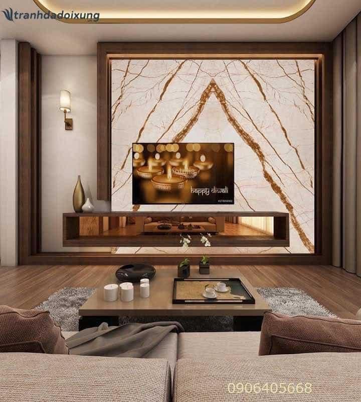 Tranh đá đối xứng Marble vàng sử dụng ốp tivi phòng khách