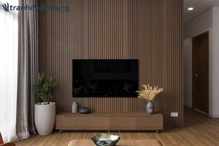 Lựa chọn vách kệ tivi phòng khách từ gỗ cùng tông màu với đồ nội thất 